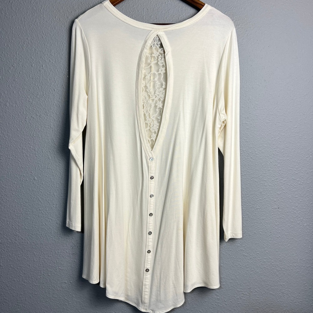 Comfy USA Ivory‎ Long Sleeve Tunic Top Lace Back Button Detail M Boho Minimalist
